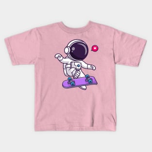 Cute Astronaut Playing Skateboard Cartoon Kids T-Shirt